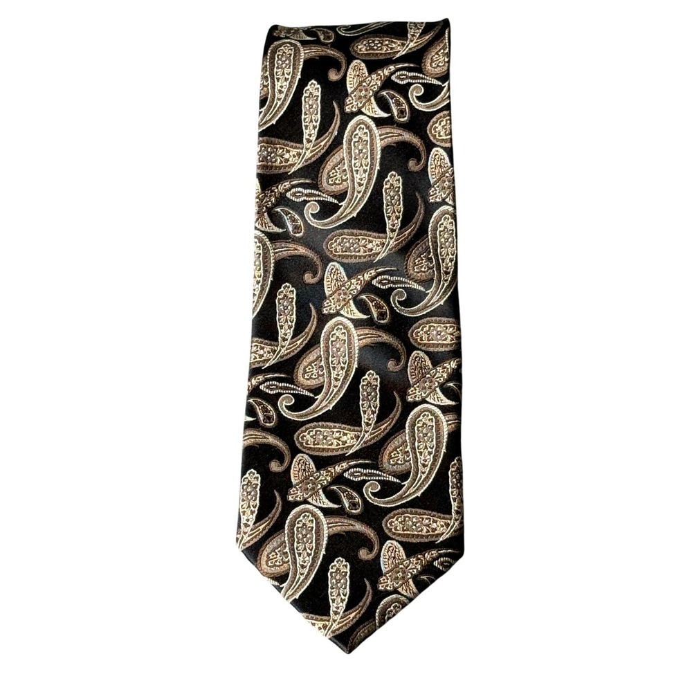 Bruno‎ Piattelli Mens Silk Tie Black Gold Tan Paisley Hand Made Necktie 1858